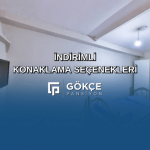 İndirimli konaklama seçeneklerini tanıtan Gökçe Pansiyon reklam görseli. Arka planda bir pansiyon odası, önde logo ve tanıtım yazısı yer alıyor.